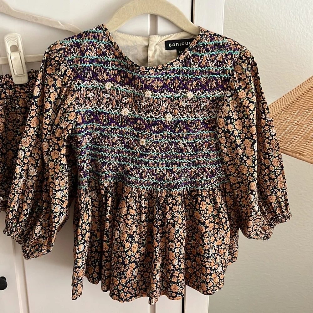 Bonjour Diary | embroidered floral smocked tunic blouse + shorts